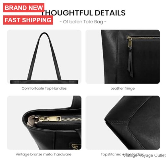 Genuine Leather Tote Bag with Laptop Compartment Work Purse - Picture 6 of 7